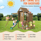 Wooden Swing Set 9 IN 1 Outdoor Playground Sets 6 FT Slide Upper Fort